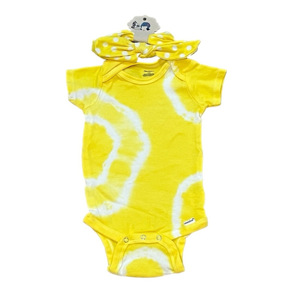 12 month one piece with matching headband tie dye polka dots. Yellow and white.